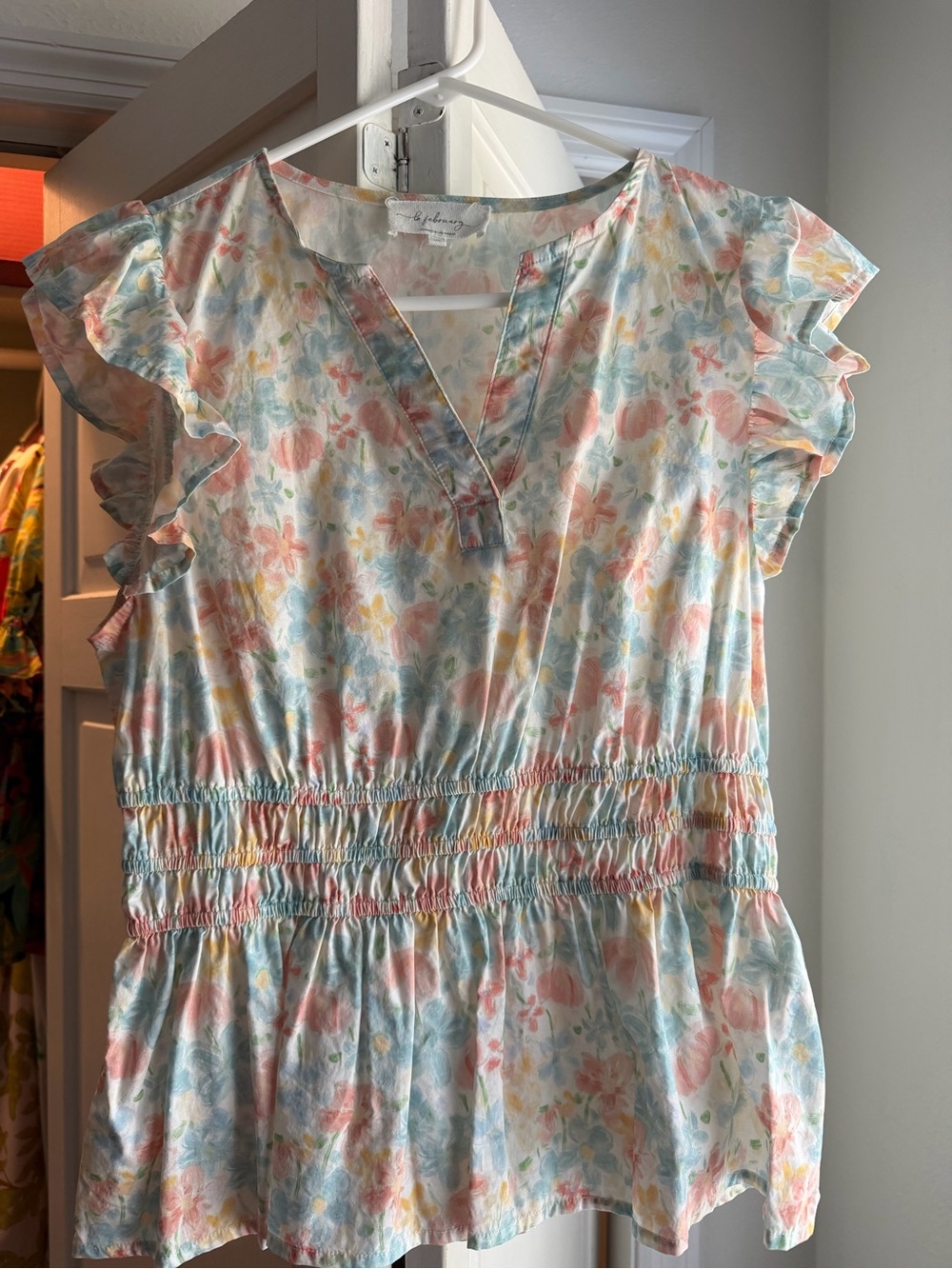 Smocked Waist Floral Ruffle Sleeve Top - Pastel Multi